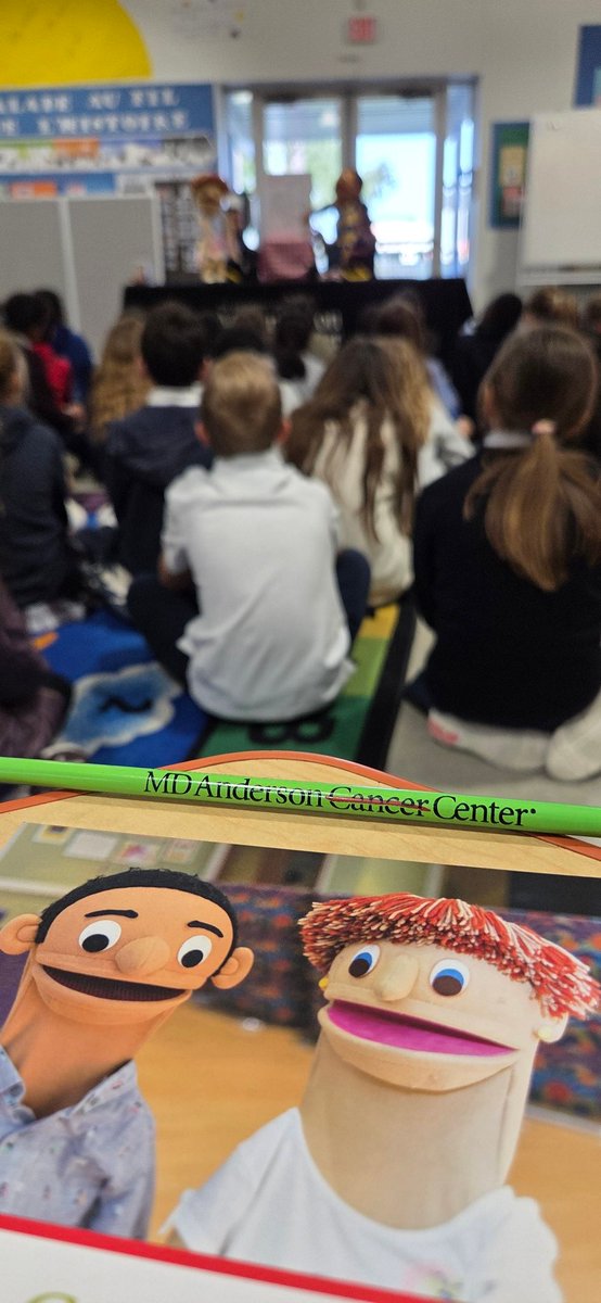 Luvelyo's tweet photo. #KickTobaccoandVaping month is now underway. @UTMDAnderson is teaching students the dangers of tobacco &amp; vaping. Thanks @TheAwtyInternationalSchool for letting @UTMDAnderson Too Cool to Smoke puppets help students learn how dangerous these products are. Together we can #EndCancer https://t.co/6P1Xb7Ie4Y