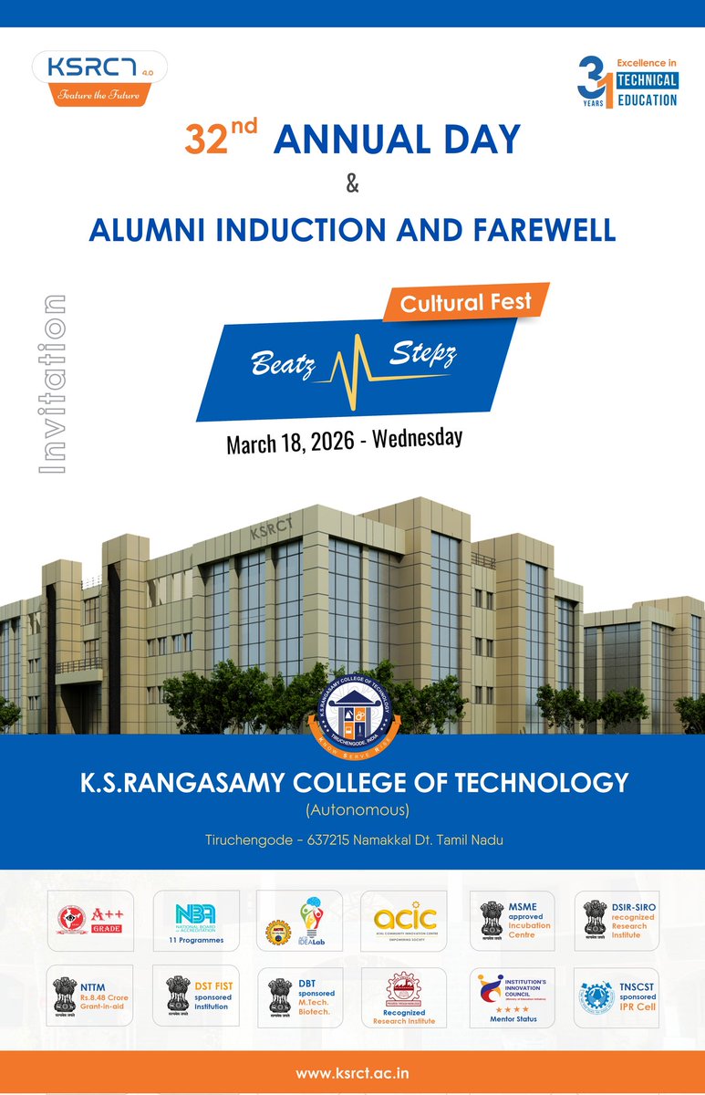 ksrct1994's tweet photo. The 32nd Annual Day, Alumni Induction & Farewell, and Beatz N Stepz Cultural Fest of K.S.Rangasamy College of Technology will be celebrated on March 18, 2026 with great enthusiasm.
#ksrct1994 #ksr #ksrei
#KSRCTAnnualDay
#AlumniInduction
#Farewell2026
#BeatzNStepz
#KSRCTEvents https://t.co/xJ4Tjg0Sl9