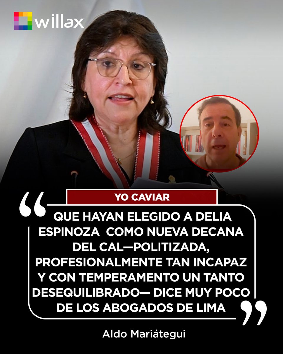 willaxtv's tweet photo. Aldo Mariátegui: "El CAL hace rato que está de capa caída, que actúa cada vez más como el ‘electarado’, que se ha izquierdizado y que no tiene decanos destacados. Que hayan elegido a Delia Espinoza —politizada, profesionalmente tan incapaz y con temperamento un tanto desequilibrado— dice muy poco de los abogados de Lima"

#YoCaviar #AldoMariátegui #CAL #DeliaEspinoza