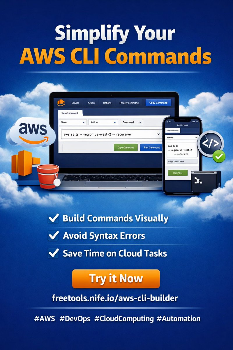 nifeio's tweet photo. Tired of memorizing endless AWS CLI flags? ☁️
Skip the syntax headaches and build commands visually.
✅ Save time
✅ Avoid typos
✅ Focus on building, not remembering
🎥 Watch the demo: https://t.co/5yYlRA9U0L 

#AWS #AWSCLI #DevOps #CloudComputing #Automation https://t.co/XWPbwuh3TF