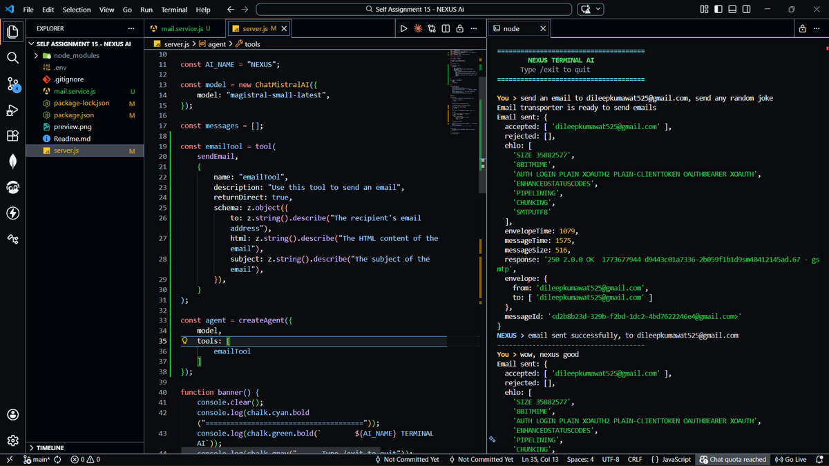dilsecode's tweet photo. Just upgraded Nexus, my terminal AI assistant 🤖

It can now send emails autonomously using an AI tool built with LangChain + Nodemailer + Mistral AI. 📧

User → AI Agent → Tool → Email sent.

Building toward a full tool-using AI agent.

GitHub: https://t.co/vU4u278iW4 🚀 https://t.co/u4EUYlpATE