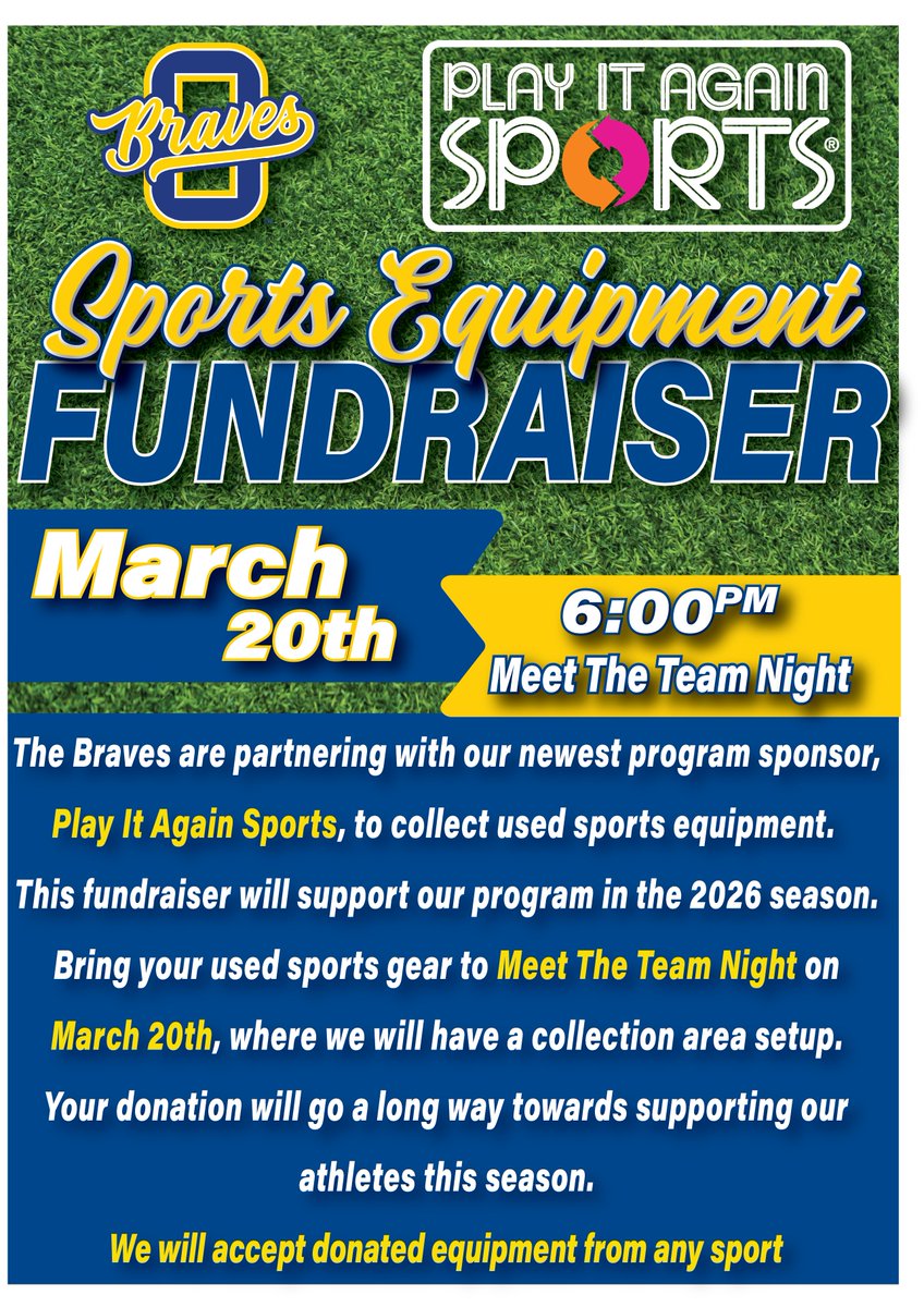 Join us this Friday at 6:00pm for Meet the Team night on the varsity turf field and donate equipment to Play-it-Again Sports <a href="/OHSathletics/">OHS Athletics</a>