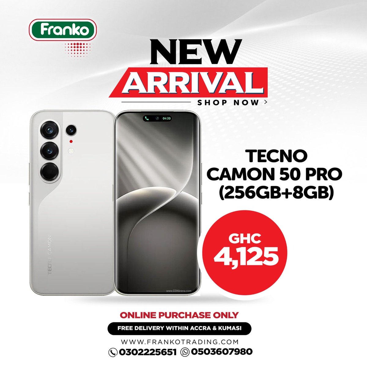 frankotrading1's tweet photo. The TECNO Camon 50 Series has arrived! 🚀

Upgrade your tech with the latest from Franko Trading. 🔥
High storage, 5G speeds and stunning new colors.

📞 Call: 030 222 5651 / 024 642 2338
📲 WhatsApp: 050 360 7980

#Tecno #tecnocamon #TECNOMobile #franko #phones https://t.co/Xd51XN2tpw
