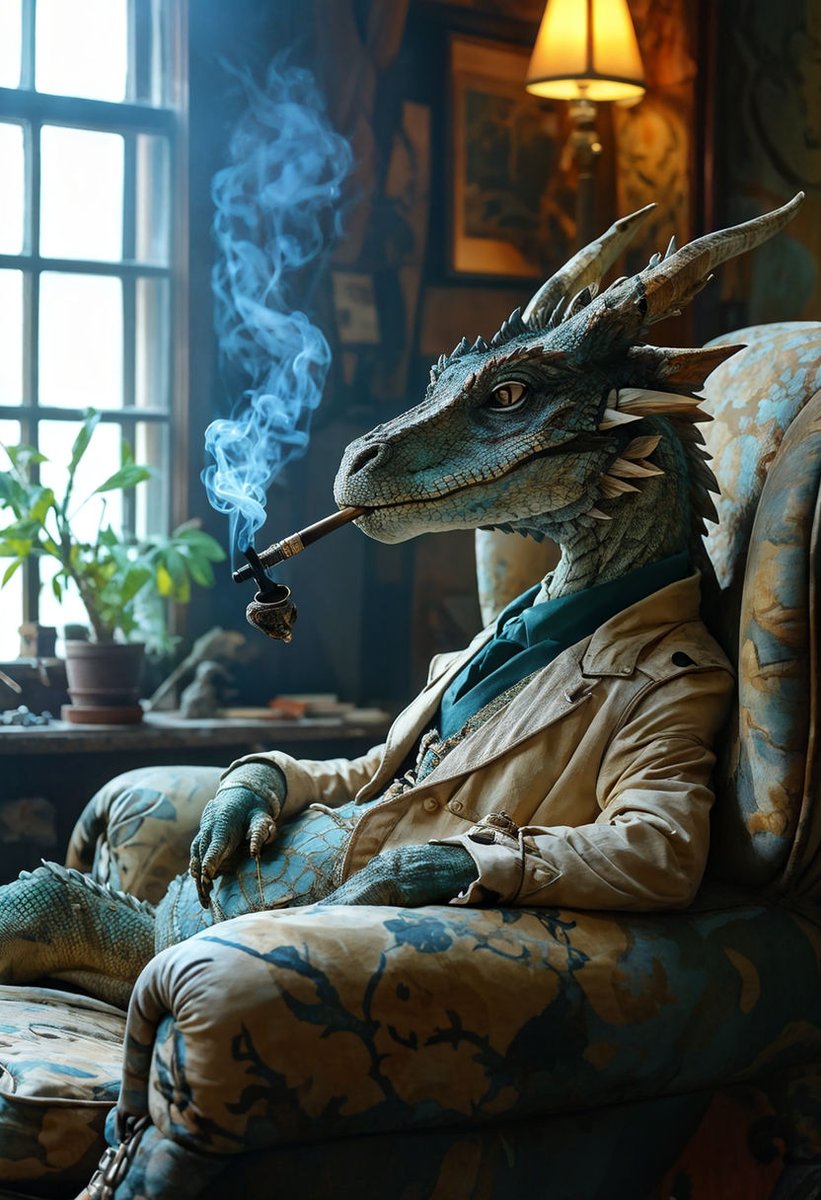 The One Who Waits

In a quiet room of old light,
the Dragon rests in velvet patience.
A pipe glows softly between his teeth,
smoke rising like ancient whispers.
Outside, the world runs breathless
chasing sparks that fade by morning.
But the dragon does not chase.
He sits where
