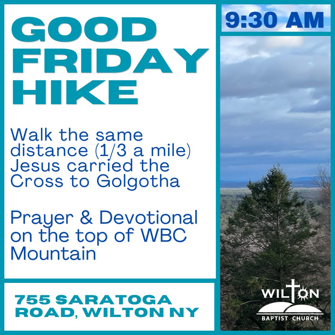 Join us for this special event marking the occasion of Jesus, carrying the cross to Calvary. Walk the same distance Jesus walked uphill and once we get to the top of Wilton Baptist Church mountain we will enjoy prayer and quiet reflection with a Bible devotional.