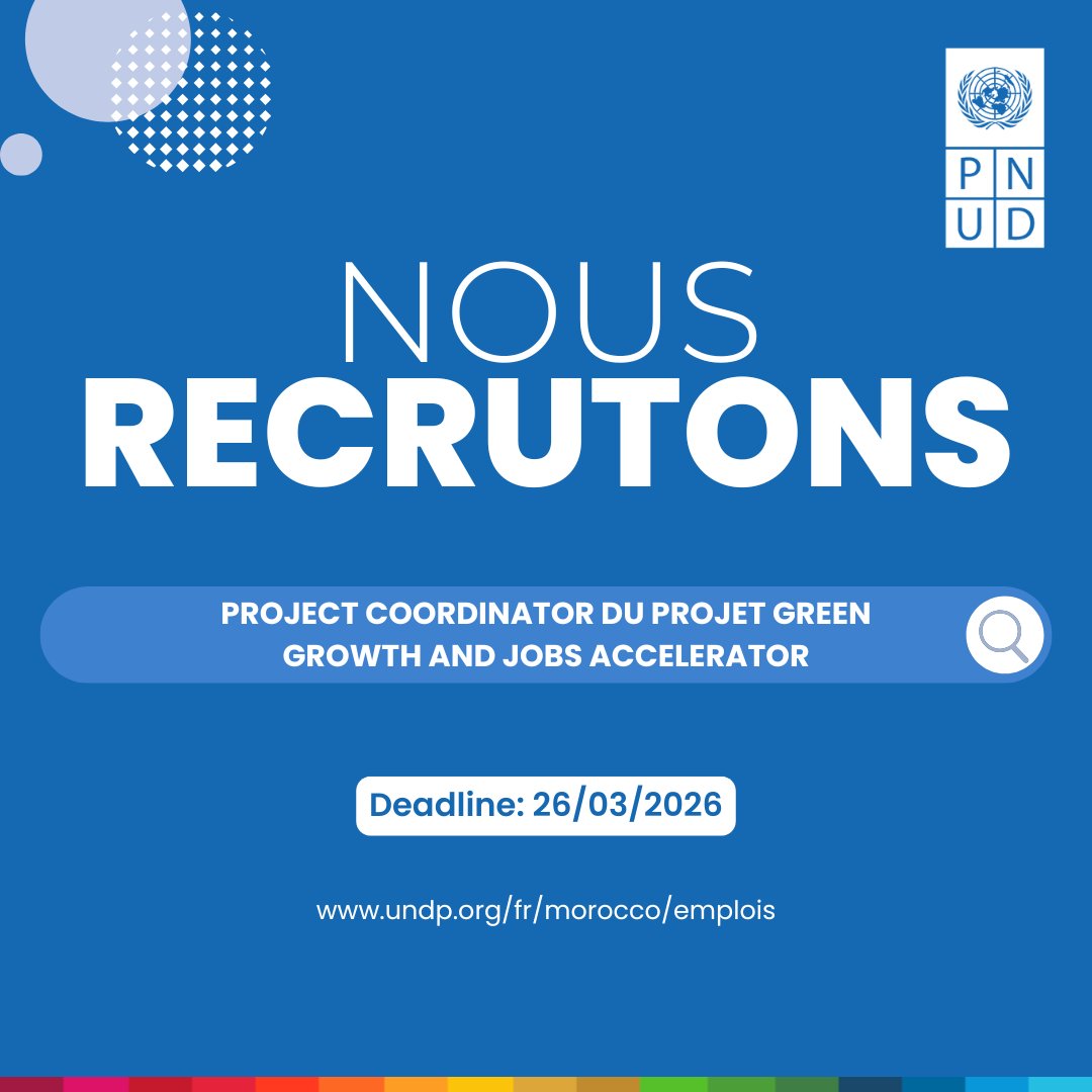 PNUDMaroc's tweet photo. 📢 Le @PNUDMaroc recrute !

Vous souhaitez contribuer à la transition vers une économie plus verte et inclusive au Maroc ? 🌱🇲🇦

Le #PNUDMaroc lance un appel à candidatures pour le poste de Project Coordinator du projet Green Growth and Jobs Accelerator #GGJA, basé à Rabat.

👉 https://t.co/y10dtbrjZx