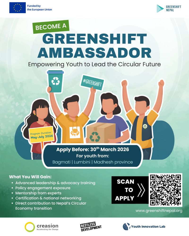 opportunitiesfy's tweet photo. 🌱 Become a GreenShift Ambassador 2026 in Nepal!
Lead sustainability initiatives, promote plastic waste solutions, and gain leadership training.
🌍 EU-funded program
📅 30 Mar 2026
🔗 https://t.co/DjWHNOW67N
#ClimateAction #YouthLeadership #GreenShift #Sustainability https://t.co/dC6Ae9slAQ