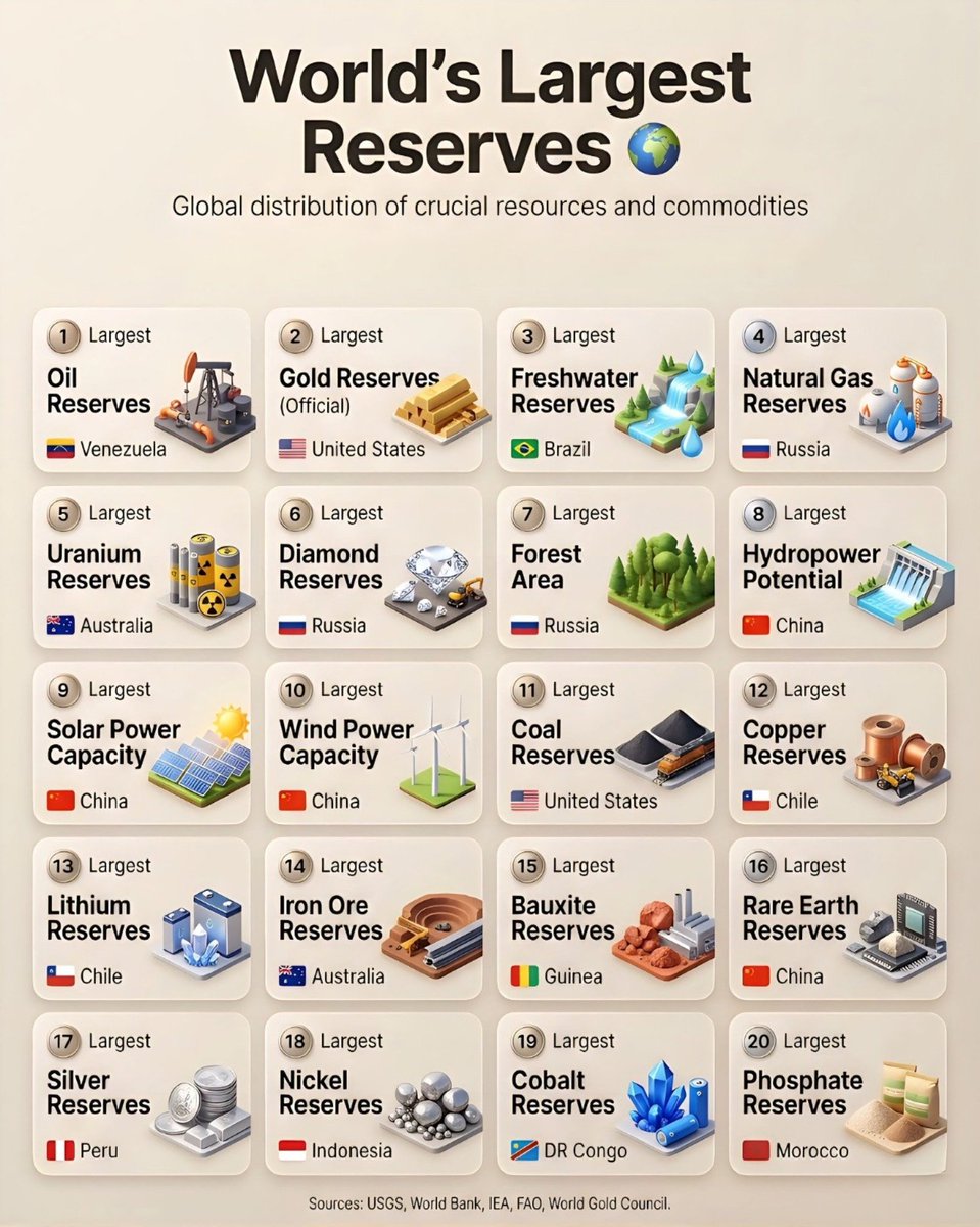 sunilgurjar01's tweet photo. World’s Largest Resource Reserves 🌍

From oil to rare earth metals, a few countries control the resources that power the global economy.

▪️ Venezuela – Oil
▪️ United States – Gold & Coal
▪️ Brazil – Freshwater
▪️ Russia – Natural Gas, Diamonds & Forests
▪️ China – Solar, Wind & Rare Earth
▪️ Chile – Copper & Lithium
▪️ Australia – Iron Ore & Uranium

In the 21st century, resources = geopolitical power.

Question for audience:
Which resource do you think will dominate the next decade — Lithium, Rare Earths, or Copper? ⚡