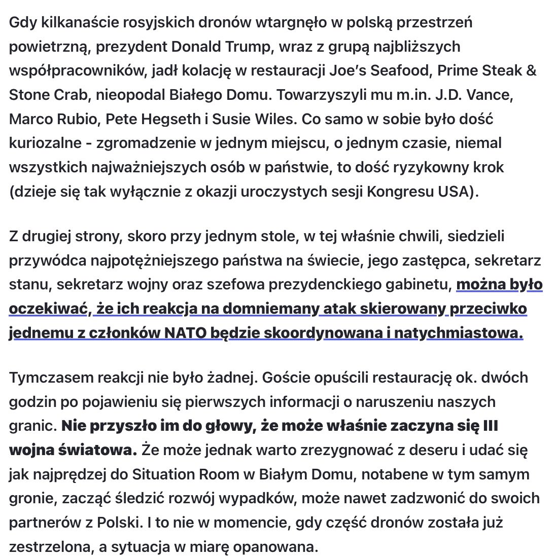 Jeszcze w kontekście „żądań” samego <a href="/POTUS/">President Donald J. Trump</a> oraz jego administracji, aby państwa NATO wsparły amerykańską flotę w Cieśninie Ormuz. Przypomnę, jaka była reakcja rządu 🇺🇸 we wrześniu ub.r., gdy ok. 20 rosyjskich dronów naruszyło 🇵🇱 przestrzeń powietrzną.

wiadomosci.wp.pl/spojrzenie-z-w…