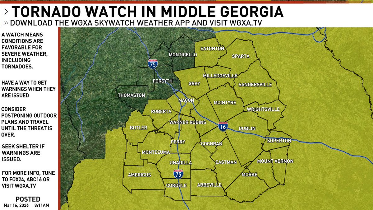 WGXAnews's tweet image. A TORNADO WATCH has been issued in Middle Georgia. #gawx #gawxcond