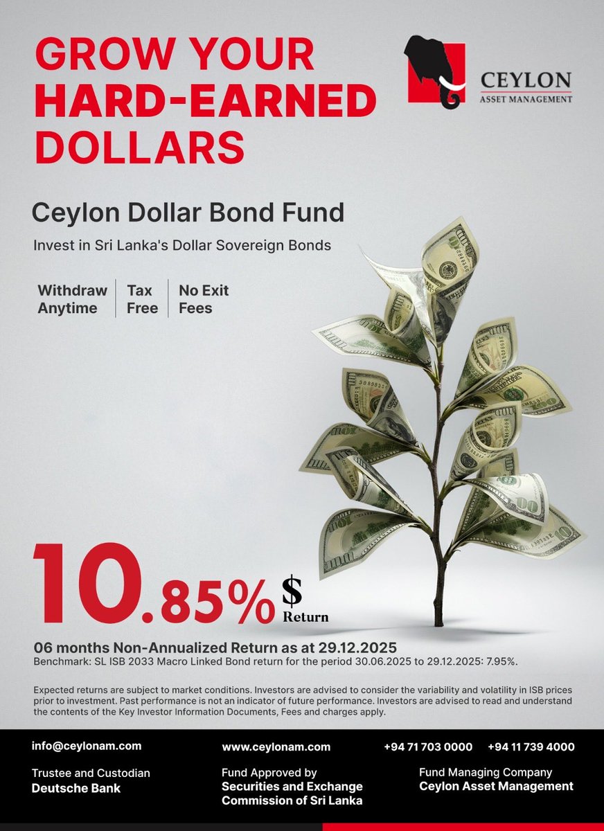 ceylonam's tweet photo. Looking to maximize your dollar investments? 💵 

The Ceylon Dollar Bond Fund offers a specialized way to invest in Sri Lanka’s Dollar Sovereign Bonds. No exit fees and you can withdraw anytime. 

Invest with us today! https://t.co/2fi3Dw4QlR