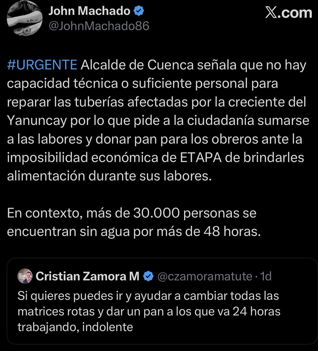 JohnMachado86's tweet photo. La falta del servicio de agua potable persiste en más de la mitad de los sectores afectados por el corte generado hace 4 días en Cuenca.

A quién hay que ir a dejarle el pan y a dónde para que llegue el agua? https://t.co/hMxrLtaJ0m