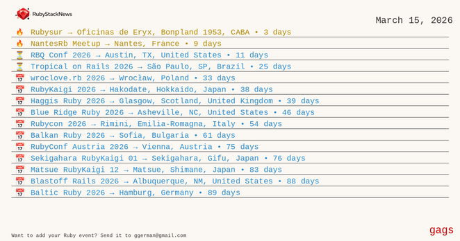 ruby_stack_news's tweet image. Ruby events this week 🧵
🤖 Generated automatically by RubyEventsBot using ruby-libgd.
Updated every 7 days.
#Ruby #RubyEvents #RubyLanguage #RubyOnRails