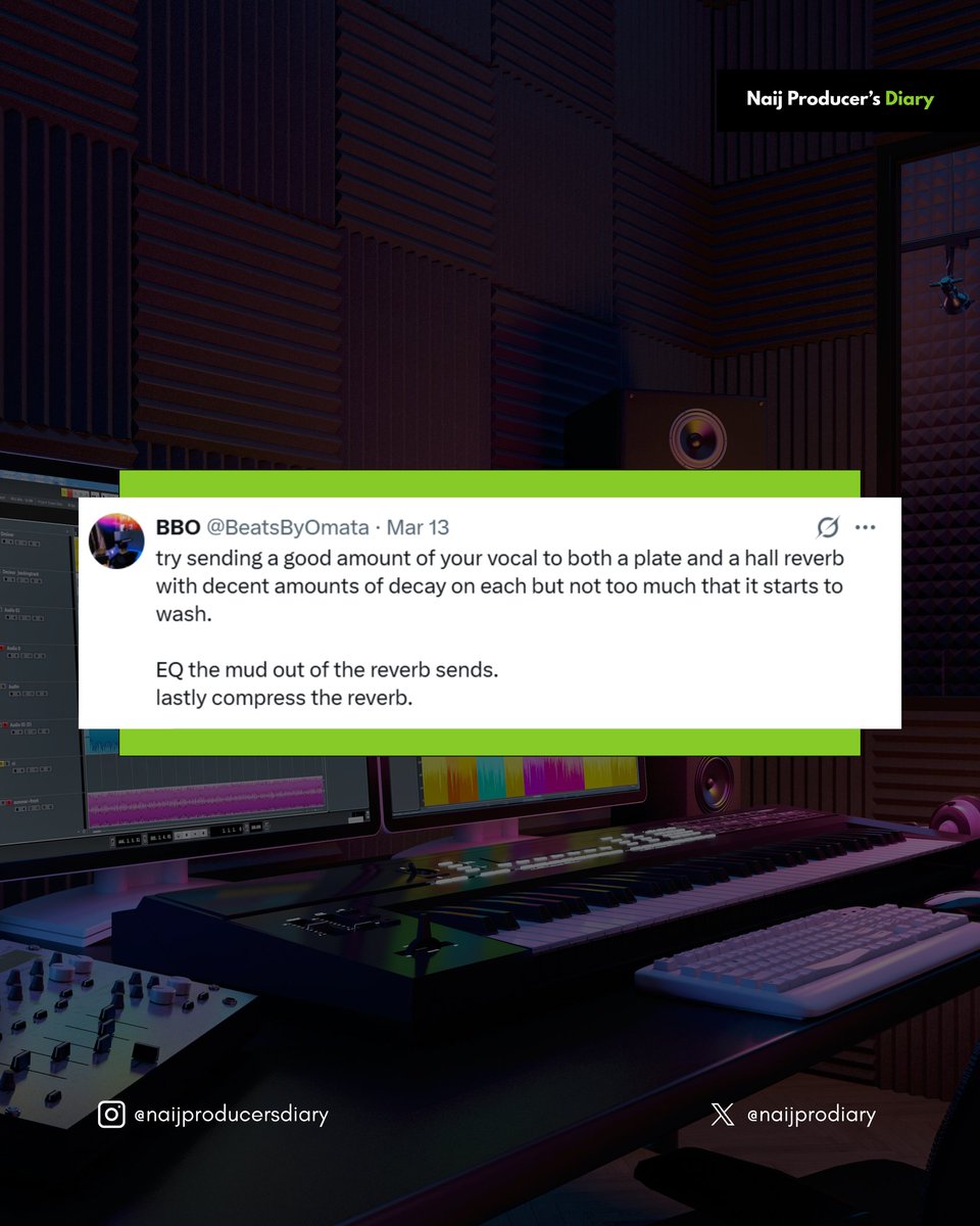 naijprodiary's tweet photo. Clean vocals...Huge space.
Mixing engineers share The Weekend's reverb trick π₯
Comment your reverb trick ππ½
#musicproducer #mixingengineer #theweekend #productiontricks https://t.co/2SnX197qC3