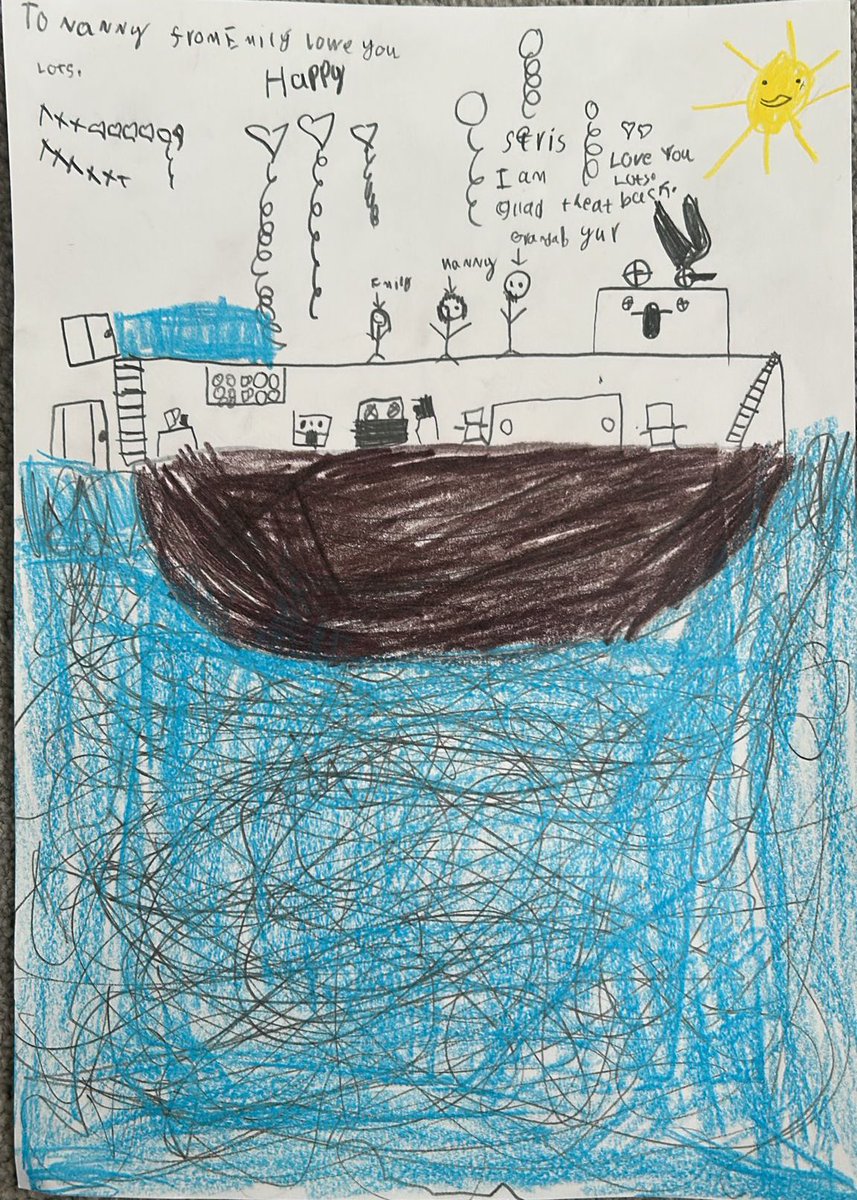 bagshaw2112's tweet photo. My 5 year old granddaughter just sent me this. Think I will frame  it when I get home. #kidart #cruise she said it has a lift into the sea https://t.co/jQ1RXuot3Z