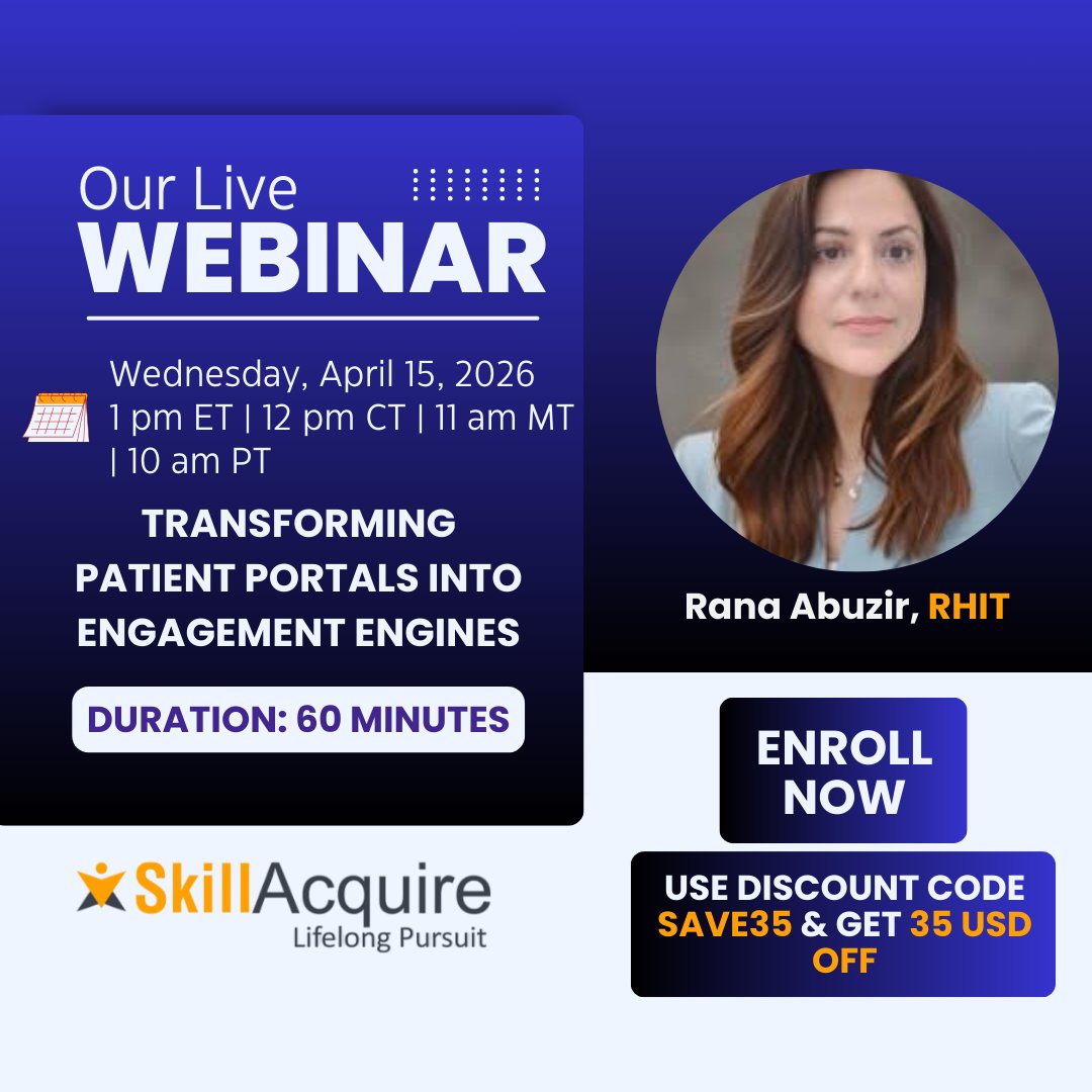 skillacquire's tweet photo. Join live webinar, "Patient Portals & Engagement," dives deep into the strategies that actually work to improve health literacy, and close the digital divide.
🔗 Register now:- https://t.co/rCToNphPQ6
Use code SAVE35 for $35 off!
#DigitalHealth #PatientExperience #ValueBased https://t.co/p10LvhS9iR