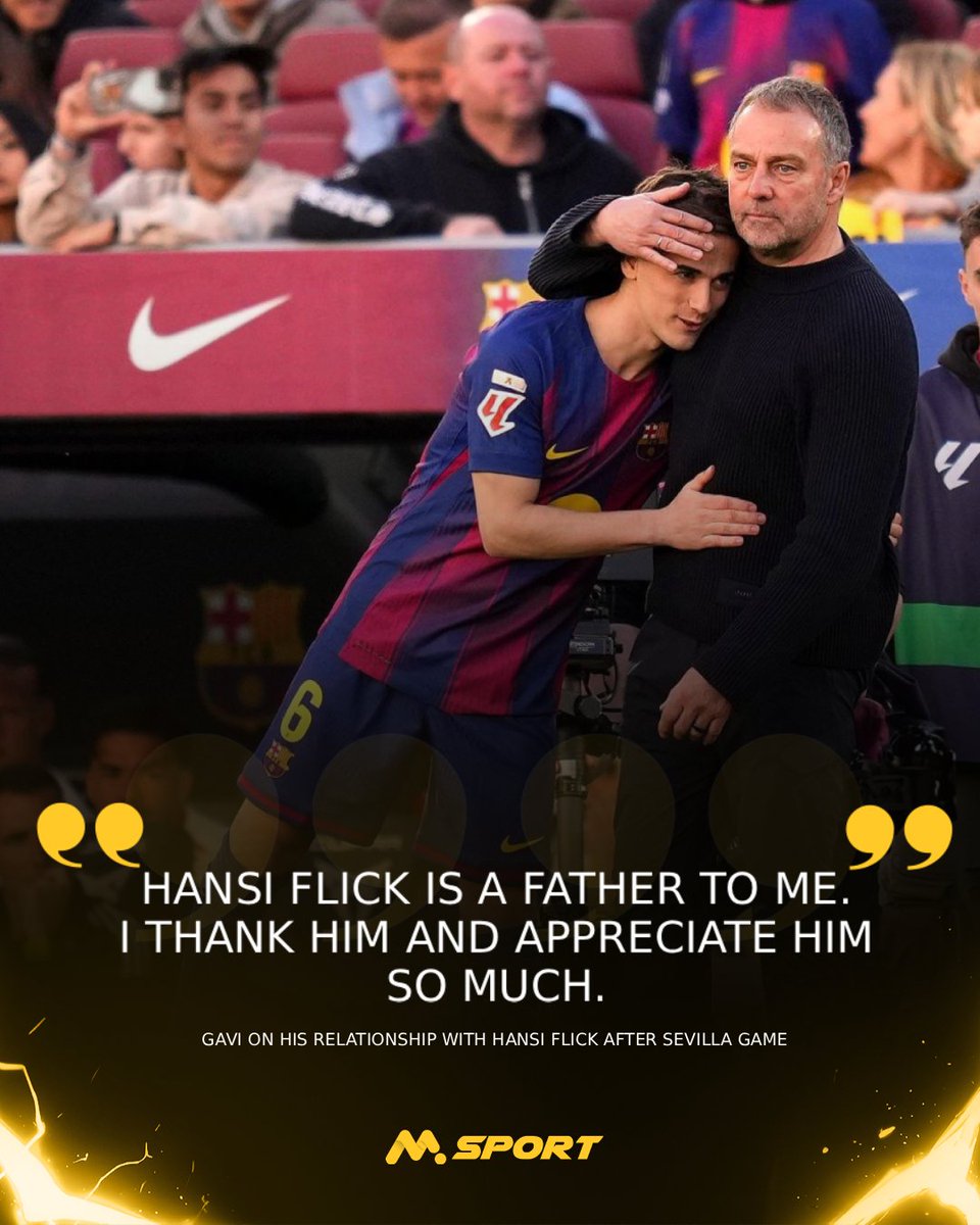 MSportOfficial's tweet photo. The heart of Barcelona is back and he has found a mentor in Hansi Flick.
Gavi opens up about the special bond he shares with Hansi Flick following his return to the pitch.

#MSport #PlayerQuote https://t.co/DYlOL18Cqh