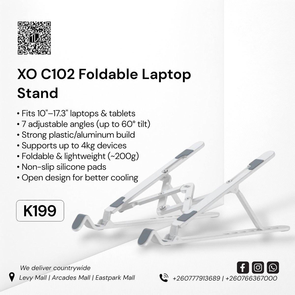 Trade_ListZM's tweet image. Work smarter and more comfortably with the XO C102 Foldable Laptop Stand. 

💰 K199

📍 Available at Levy Mall | Arcades Mall | Eastpark Mall
📞 +260777913689 | +260766367000
🚚 We deliver countrywide

#TradeList #LaptopStand #TechAccessories #WorkspaceSetup