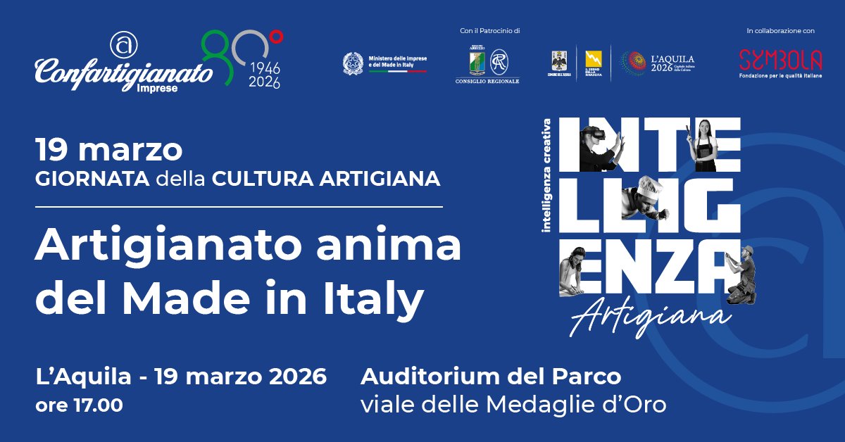 Il 19 marzo, a L’Aquila, Capitale italiana della Cultura 2026, <a href="/confartigianato/">Confartigianato</a> celebra la 5° edizione della Giornata della cultura artigiana con il convegno ‘#Artigianato anima del #madeinItaly. Programma, informazioni e LINK per lo #streaming: confartigianato.ra.it/evento.php?ide…