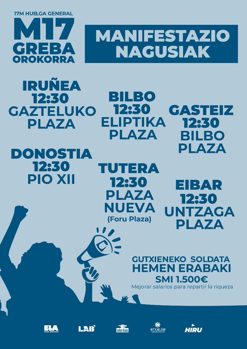 Joxemi Zumalabetik ere, euskal gehiengo sindikalak biharko deitutako grebarekin bat egiten dugu. Pertsona guztientzako lan eskubide duinen alde, bihar kalera!
#M17grebaorokorra