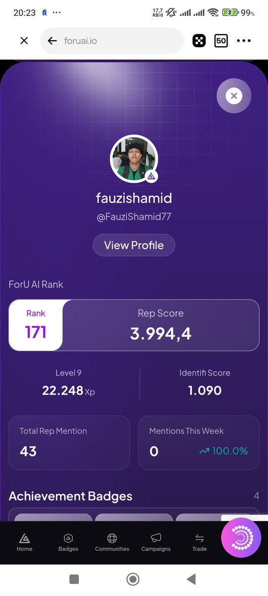 FauziShamid77's tweet image. My reputation on the ForU AI leaderboard just dropped to Rank 171. 📉
Not the direction I wanted, but this is just part of the journey. Time to stay consistent, keep contributing, and climb back stronger. 🚀
The grind for better Rep Score continues. #ForUAI #Web3Reputation