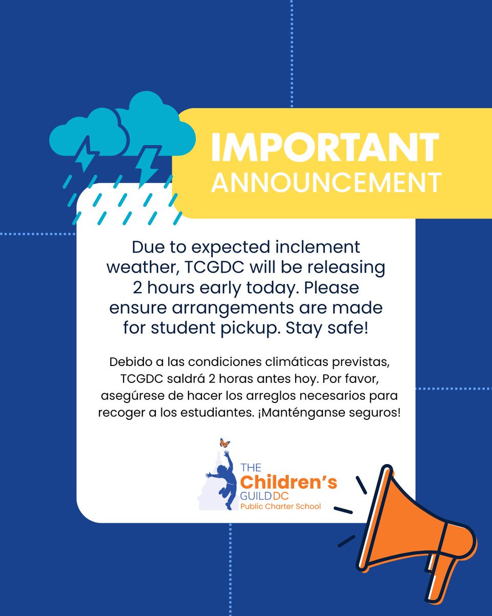 Due to expected inclement weather, TCGDC will be releasing 2 hours early today.

Debido a las condiciones climáticas previstas, TCGDC saldrá 2 horas antes hoy. Por favor, asegúrese de hacer los arreglos necesarios para recoger a los estudiantes.