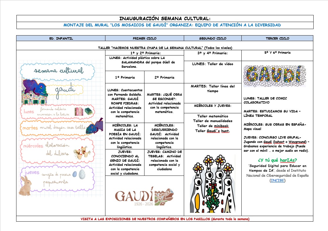SEMANA CULTURAL: Gaudí y sus mosaicos <a href="/ampa_sta/">AMPA Miguel Hernandez (Sta.Marta)</a> <a href="/AytoSantaMarta/">Ayto. de Santa Marta</a> <a href="/educacyl/">Educación JCyL</a>