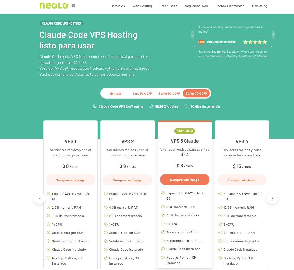 neolo's tweet photo. Ahora puedes tener un VPS con Claude Code instalado:

- Funciona 24hs, no solo cuando tu laptop está encendida.
- RAM necesaria.
- Si la IA rompe algo, no afecta a tus archivos personales.

Te resolvemos todo desde $6 al mes. https://t.co/8dLlICaw6A