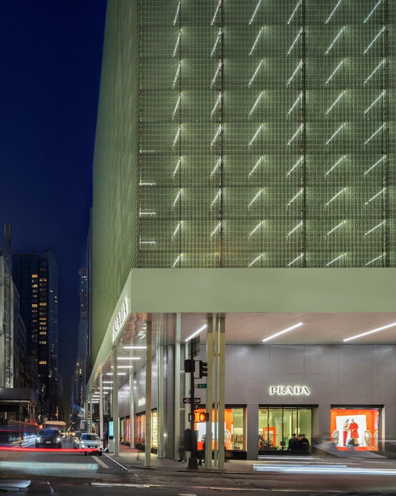 designboom's tweet photo. . @Prada fifth avenue flagship turns scaffolding into a shimmering, ever-changing #facade. pale green pipes and layered scrims shift with light and movement, showing how the temporary can teach us to see the city in a new way.

read more here: https://t.co/kqbTAzoHCX https://t.co/QShqHL1B3q