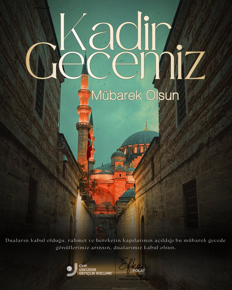 Kadir Gecesi; affın, merhametin ve umutların yeniden yeşerdiği mübarek bir gecedir.  
Duaların kabul, kalplerin huzurla dolduğu; birlik, dayanışma ve kardeşliğin güçlendiği bu anlamlı gecenin ülkemize ve tüm insanlığa barış, adalet ve iyilik getirmesini diliyorum.