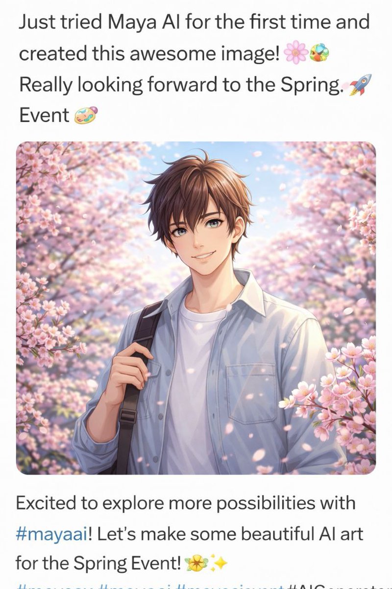 adhikarySo20's tweet image. Just created this artwork with Maya AI for the Spring Event! 🌸🎨
Really enjoying exploring AI creativity and excited to see what everyone else makes. 🚀

#mayaai #mayaax #mayaaievent #AIGenerator #SpringEvent
