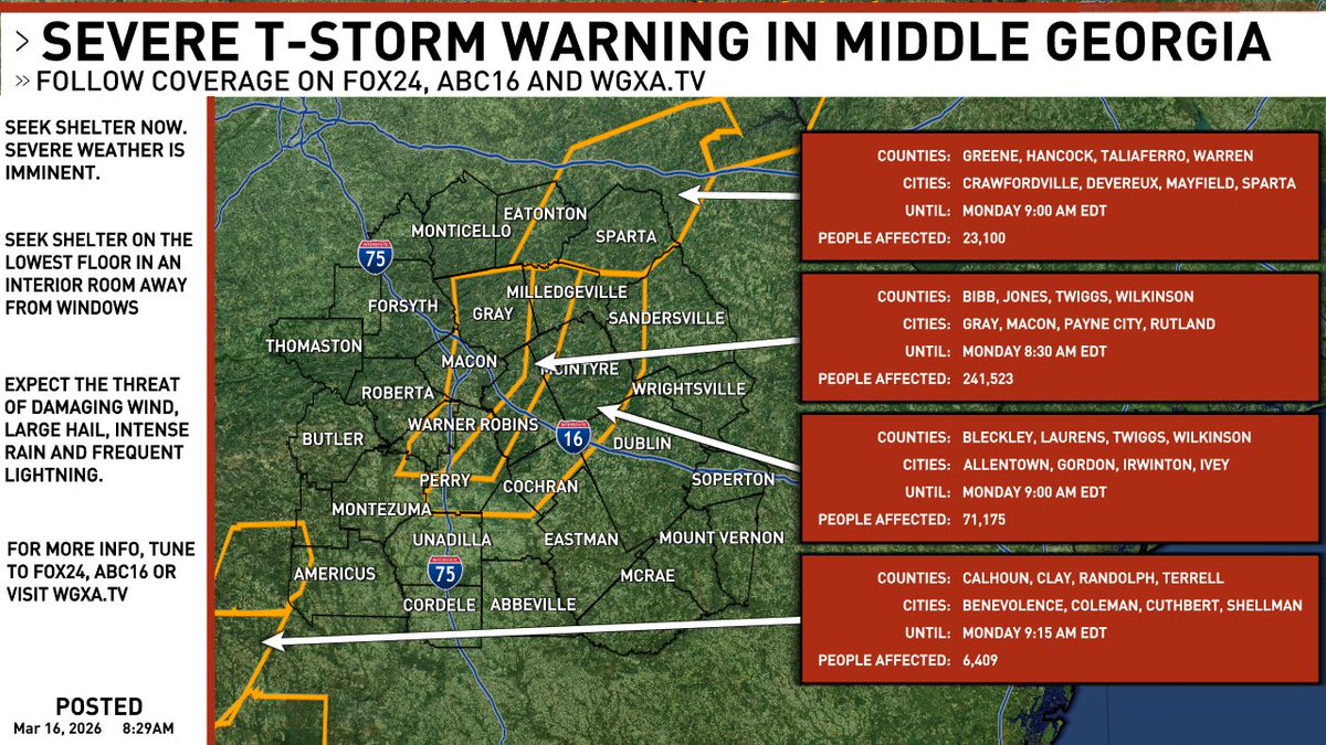 WGXAnews's tweet image. A new SEVERE T-STORM WARNING has been issued in Middle Georgia. Stay tuned to @WGXANews for updates. #gawx #gawxcond