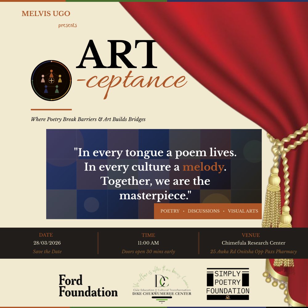 UgoMelvis's tweet photo. Now I understand what Bertolt Brecht said, “Art is not a mirror held up to reality but a hammer with which to shape it”
I see how art can heal, rebuild, lead.
Join us at Art-ceptance
•28 March 2026
•2 hours of poetry &amp; meaningful conversations.

Registration link in comments. https://t.co/L1wSKqnG1f