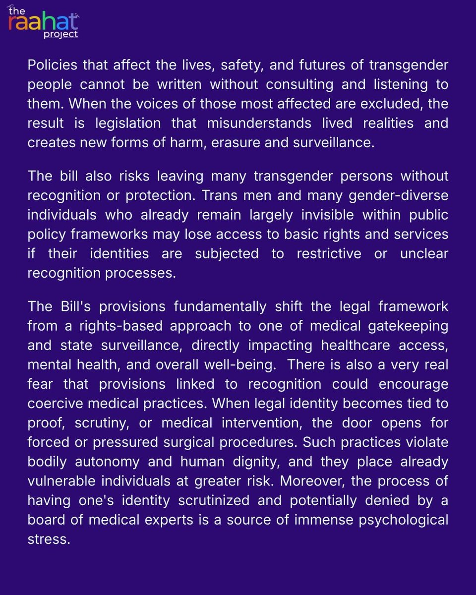 raahatproject's tweet photo. Transgender people in India have spent decades fighting to live with dignity and to be recognised for who they are.
Any law that affects their lives must listen to their voices.
The proposed Transgender Protection Bill risks excluding many people from recognition and placing their identities under scrutiny instead of protecting them.
We stand in solidarity with transgender communities across the country.

🟣 Read our full statement.

#TransRightsAreHumanRights
#NothingAboutUsWithoutUs
#ListenToTransVoices
#TransRightsIndia