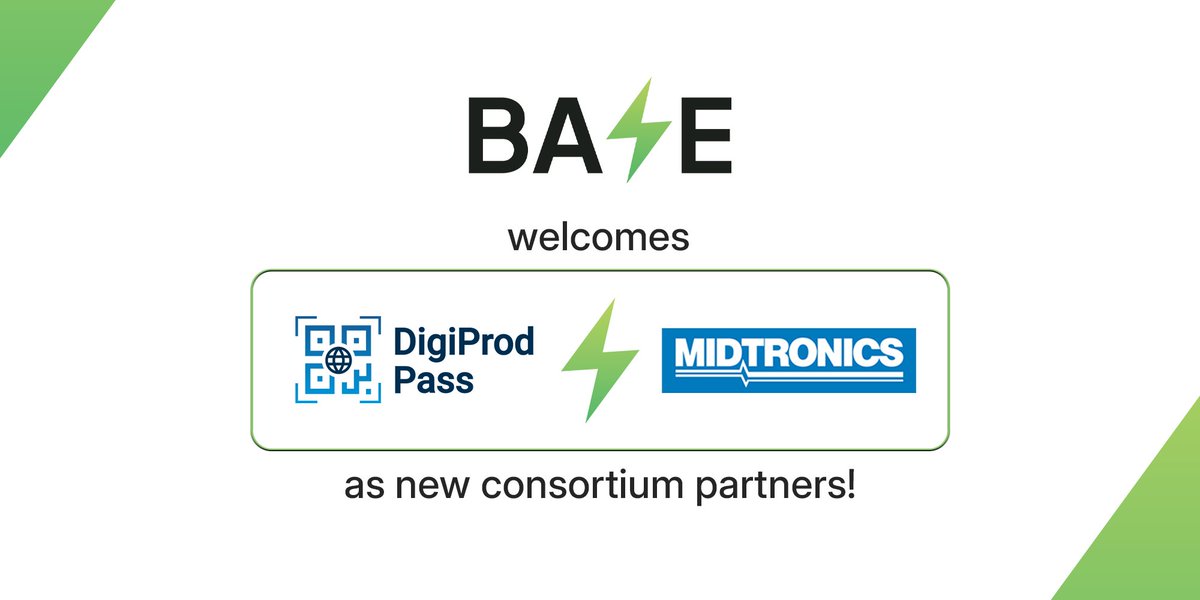 BASE_EU2024's tweet image. 𝐁𝐀𝐒𝐄 𝐰𝐞𝐥𝐜𝐨𝐦𝐞𝐬 𝐭𝐰𝐨 𝐧𝐞𝐰 𝐦𝐞𝐦𝐛𝐞𝐫𝐬 𝐭𝐨 𝐭𝐡𝐞 𝐜𝐨𝐧𝐬𝐨𝐫𝐭𝐢𝐮𝐦!

We’re excited to welcome Midtronics and DigiProd Pass Ltd. to the BASE project.

Learn more: t.ly/XbWNg

#BASEProject #BatteryPassport #CircularEconomy #BatteryInnovation