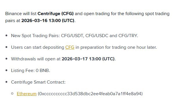 Binance will list #Centrifuge $CFG at 21:00 (UTC+8) on March 16, 2026
