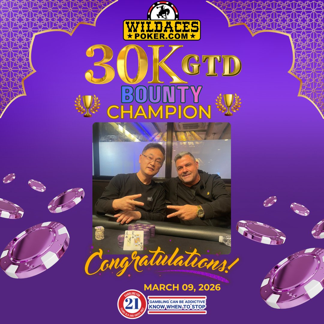 wildacespoker's tweet photo. 30K GTD BOUNTYTOURNAMENT (70)  
 MARCH 16,2026    

 CONGRATULATIONS!!        

🏆1st Place: MR. JUN UK (KOR) - 700pts  
  
See you in the next Tournament!!!   

 #WildAces #15kGtdpokertournament #thebestpokerroominangelescity #wildacespokersports https://t.co/b47iBp3eTf