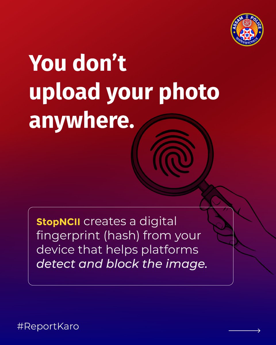 assampolice's tweet photo. Someone threatening to leak your private photos or videos?

Don't panic. Don't negotiate.

Go to https://t.co/kx2vF3foPY and stop the spread before it starts.

#ReportKaro https://t.co/rAOCUeRPvr