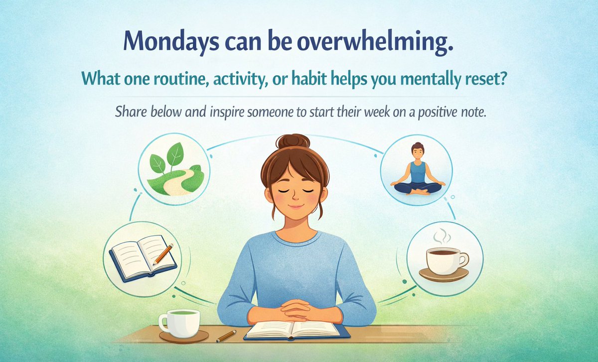 MiracleAdesina's tweet photo. Mental wellbeing is essential as we start a new week.

What is one routine, activity, or habit that helps you mentally reset?

Share below and inspire someone to start their week on a positive note.

#MentalHealthConversation #WellbeingTips #CommunitySupport #MentalHealthTalk https://t.co/iUqX9go1pR