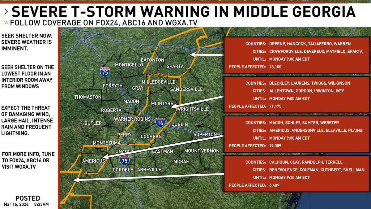 WGXAnews's tweet image. A new SEVERE T-STORM WARNING has been issued in Middle Georgia. Stay tuned to @WGXANews for updates. #gawx #gawxcond