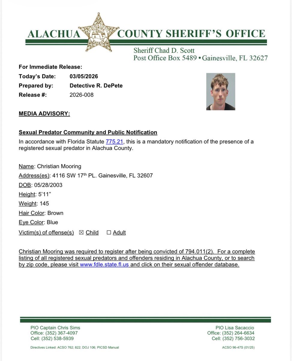 AlachuaSheriff's tweet photo. Please see the sexual predator notification in Alachua County for registered sexual predator Christian Mooring. For a complete listing of all registered sexual predators and offenders residing in Alachua County visit https://t.co/aultnaoLNk https://t.co/uKvzdFepON