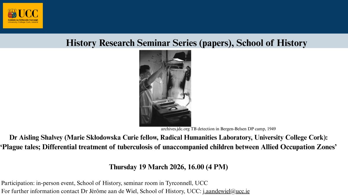 UCCHistory's tweet photo. Join us for this week's seminar, where Dr Aisling Shalvey (Marie Skłodowska Curie fellow, Radical Humanities Laboratory, UCC) will present her paper 'Plague Tales: Differential treatment of tuberculosis of unaccompanied children between Allied Occupation Zones' 

📅Thurs 19, 4pm https://t.co/ZtrOI2SWFg