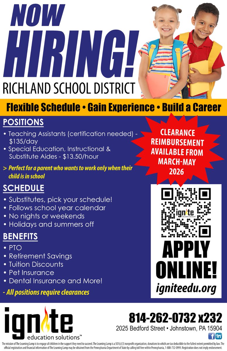 🍎 Looking for a job that matches your child's school schedule? Richland School District is hiring!

✅ No nights, weekends, or summers
✅ Teaching Assistants ($135/day) &amp; Aides ($13.50/hr)
✅ Clearance reimbursement (March-May!)

Apply online: igniteedu.org 💻