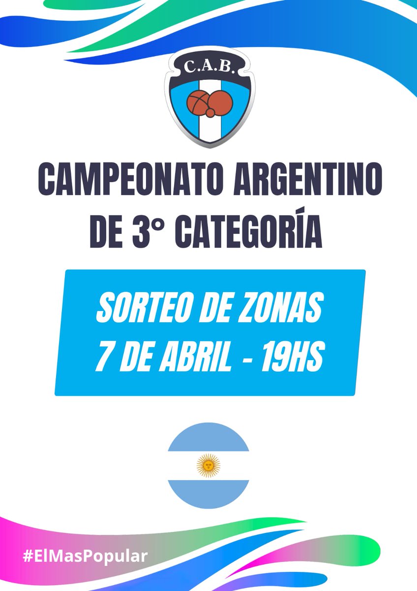 🏆 Campeonato Argentino de 3° Categoría 🇦🇷
📅 El martes 7 de abril a las 19.00 horas se hará el sorteo de las zonas del Nacional que se jugará en Valle del Conlara, San Luis, del 23 al 26 de abril.

#Bochas