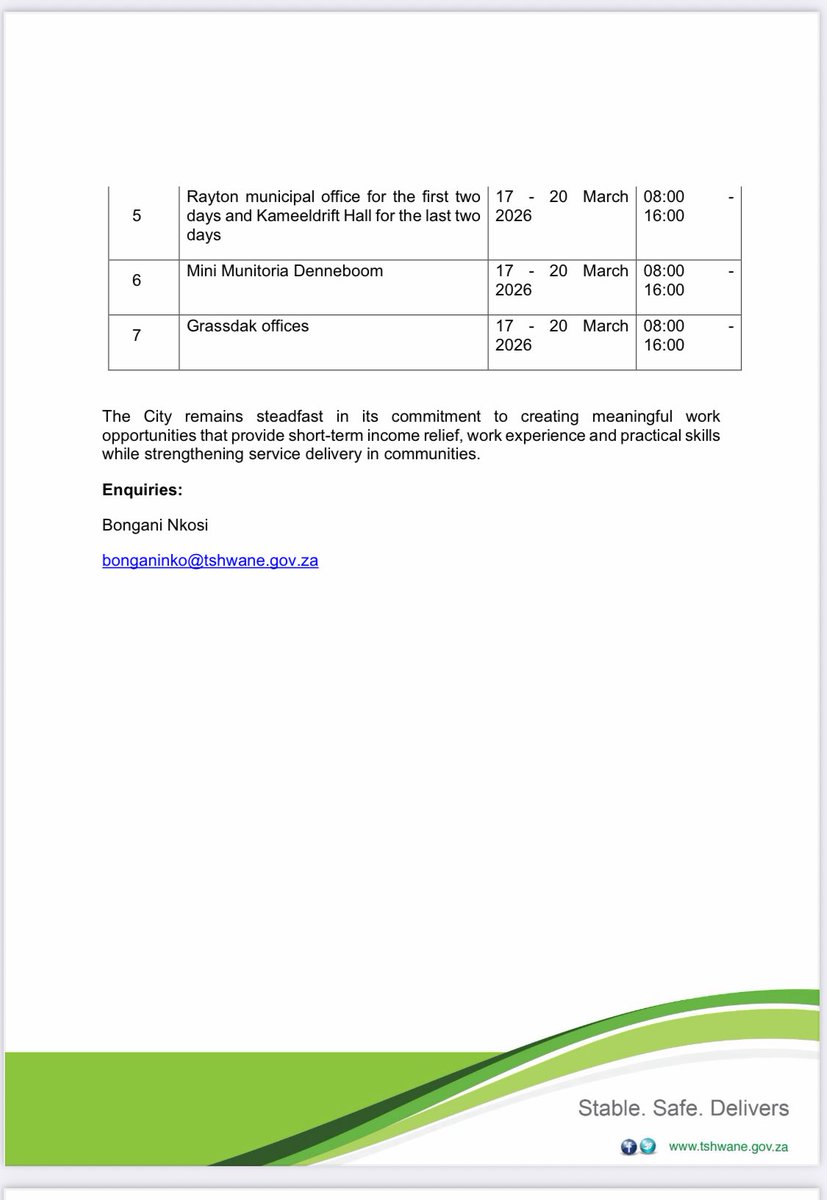 nasiphim's tweet photo. City of Tshwane begins contracting process for EPWP participants. If you’ve been contacted for the programme, please visit our offices to sign your contract from 17 to 20 March 2026. Sites are listed below:

@CityTshwane https://t.co/wZh8yXzW33