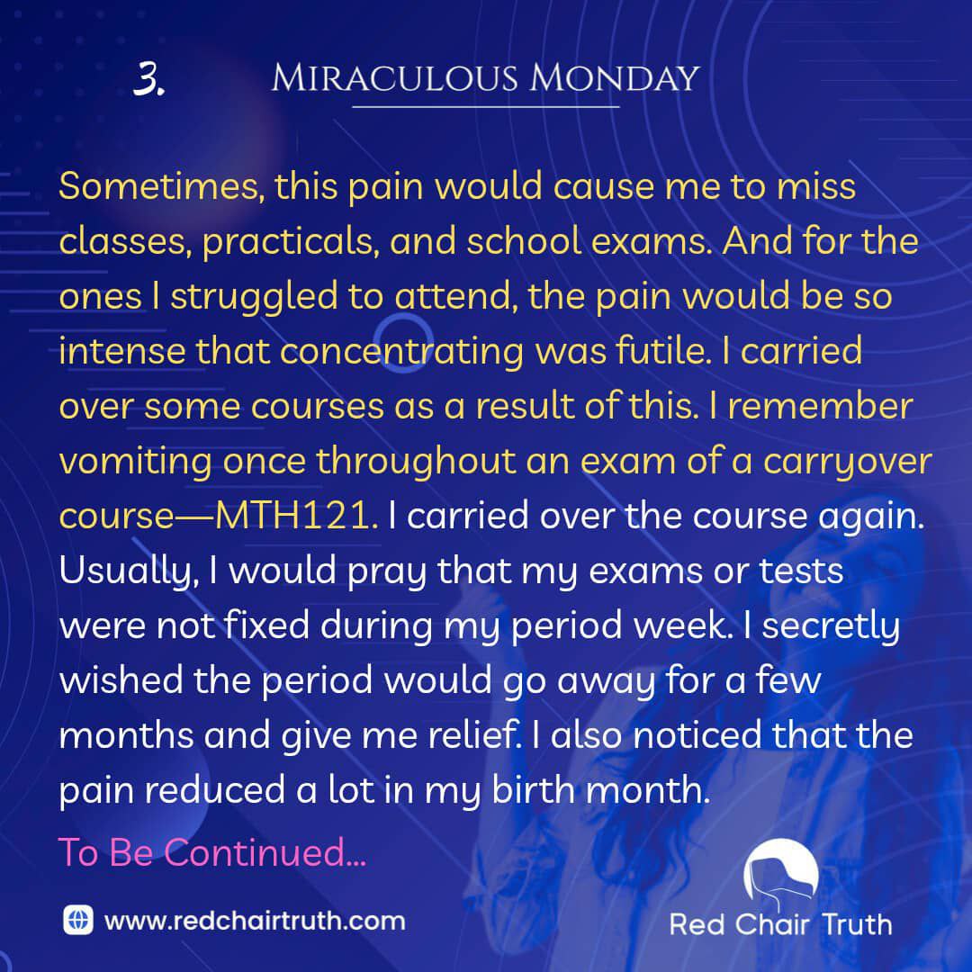 redchairtruth1's tweet image. The pain was intense—so intense that relief seemed impossible to find, even causing her to miss classes. Something she had once prayed to experience, she now wished would disappear for months—just for a moment of relief.

Don’t miss this Miraculous Monday.

#RedChairTruth #RCT