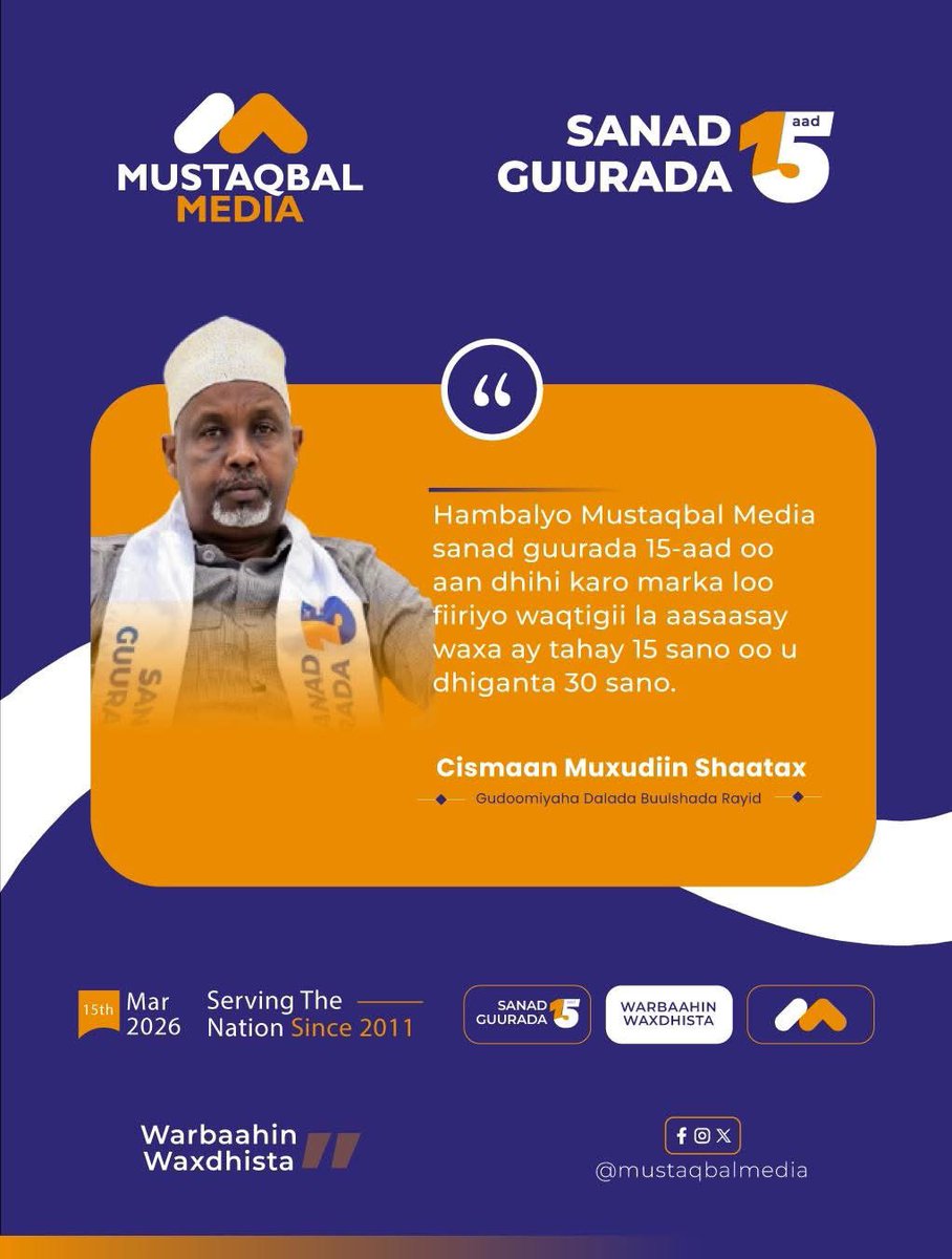 SONSA_NSA's tweet photo. The Chairperson of the Somali Civil Society @SONSA_NSA @Osman_Moallim, attended the 15th anniversary celebration marking the establishment of Mustaqbal Media @MediaMustaqbal 

He extended congratulations to the leadership and staff of the media house, commending the vital role Somali media plays in societal development, public awareness, and the delivery of credible and reliable information.

The Chairperson also reflected on his close engagement with Somali journalists between 2008–2010, where he supported capacity-building initiatives and professional training to strengthen accurate and responsible reporting.

He emphasized that Somali media operated under extremely difficult conditions and was among the first sectors re-established following the collapse of the state. Congratulations on 15 years of resilience, professionalism, and service to the community.

#SomaliCivilSociety #MustaqbalMedia