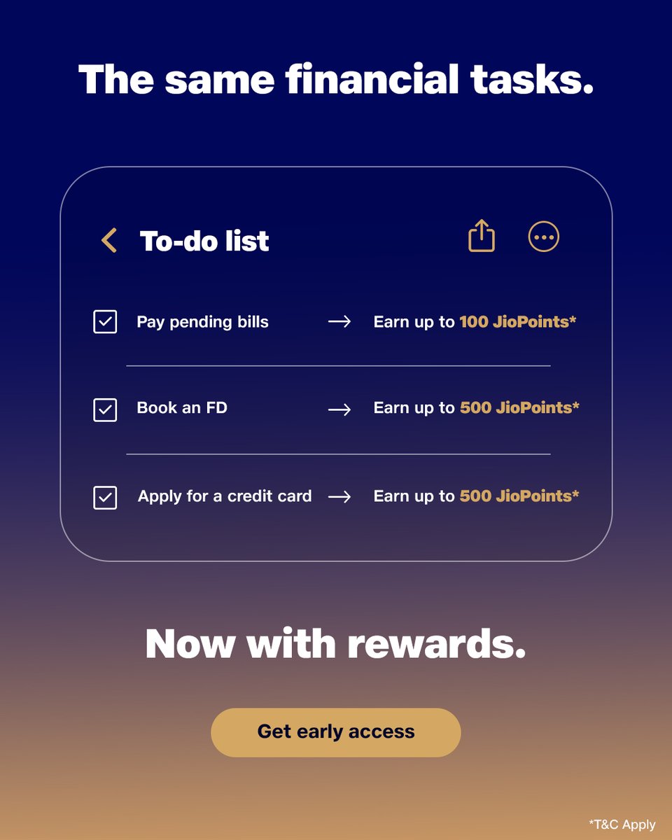 JioFinance1's tweet photo. You’re already making financial decisions every day.
What if they started rewarding you too?
Start earning JioPoints with the all new JioFinance app.
Comment #BuildWithBharat to get early access and start stacking points today.
#JioFinance https://t.co/jNtzul3sex