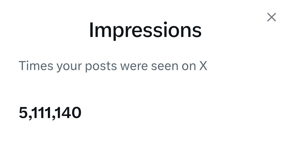 Finally!! 🥹🎉
I got  completed 5 Million impression. 

Congratulations 🤍