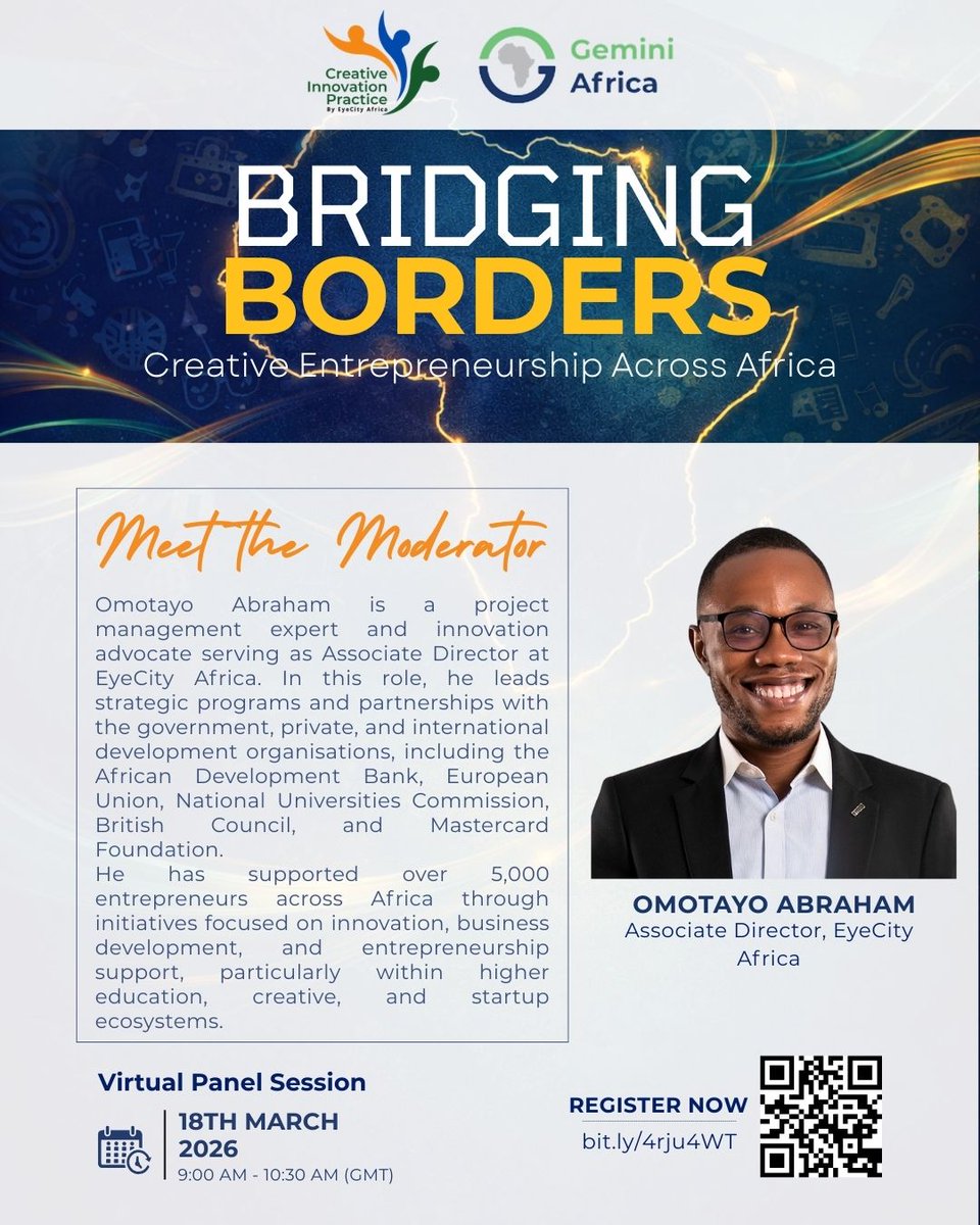 EyeCityAfrica's tweet photo. We are excited to have @abrahamtayo  from EyeCity Africa as the moderator for Bridging Borders: Creative Entrepreneurship Across Africa. 

In his role as Associate Director at @EyeCityAfrica, he leads strategic programs and partnerships with government, private sector, and international development organisations, including the African Development Bank, European Union, National Universities Commission, British Council, and Mastercard Foundation. Through this work, he supports initiatives that strengthen entrepreneurship, innovation, and ecosystem development across the continent.

As moderator, he will help unpack the real experiences behind cross-border expansion, guiding the discussion as panelists share lessons on building creative businesses that can grow beyond local markets.

Date: Wednesday 18th March 2025
Time: 9:00-10:30 AM (GMT)
Location: Zoom
Register now: https://t.co/Rnb1J8dlN4

#BridgingBorders #EyeCityAfrica #GeminiAfrica #CreativeEntrepreneurship #AfricanCreatives #CreativeEconomy